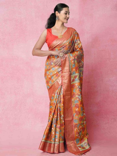 

Unnati Silks Orange & Green Floral Pure Silk Tussar Saree