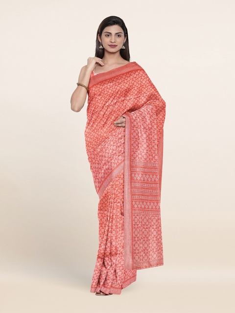

Pothys Peach-Coloured & White Geometric Print Saree