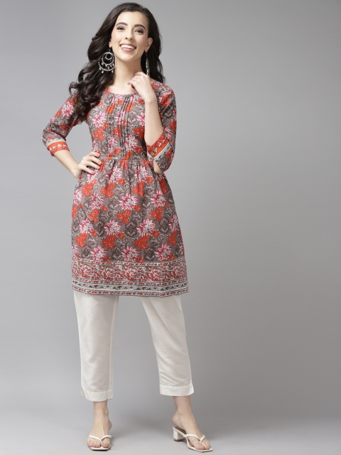 

Rain & Rainbow Women Grey & Orange Pure Cotton Floral Printed Tunic