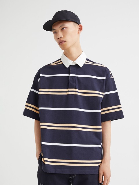 

H&M Men Navy Blue Oversized Fit Short-sleeved Rugby Tshirt