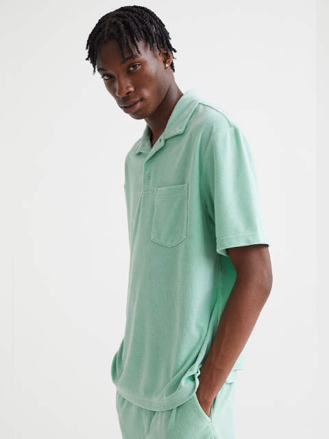 

H&M Men Pastel Green Solid Relaxed Fit Terry Polo Shirt