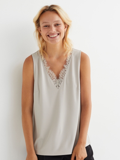 

H&M Women Grey V-neck Top with Lace