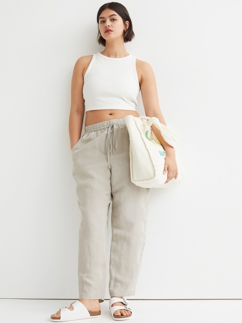 

H&M Women Green Pull-On Linen-Blend Trousers