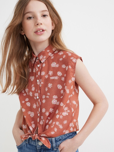 

H&M Girls Rust & White Printed Tie-Hem Cotton Blouse
