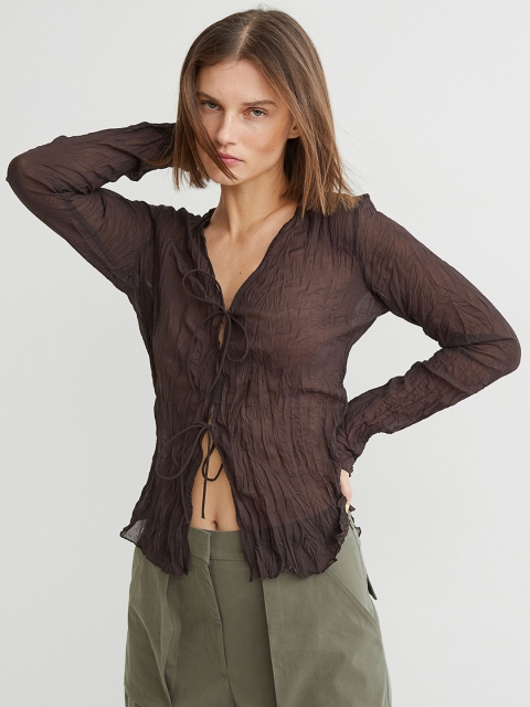 

H&M Women Brown Crinkled Tie-Detail Chiffon Blouse