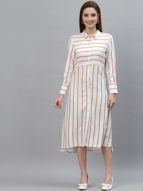 

HOUSE OF KKARMA Women White Striped Shirt collar Maxi Dress