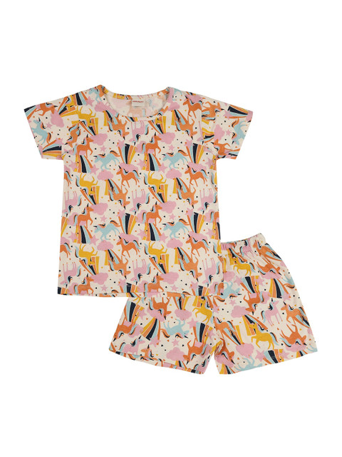 

RAINE AND JAINE Girls White & Brown Printed Pure Cotton Night suit