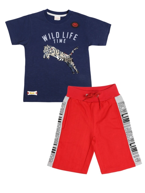 

RAINE AND JAINE Boys Navy Blue & Red Printed T-shirt with Shorts