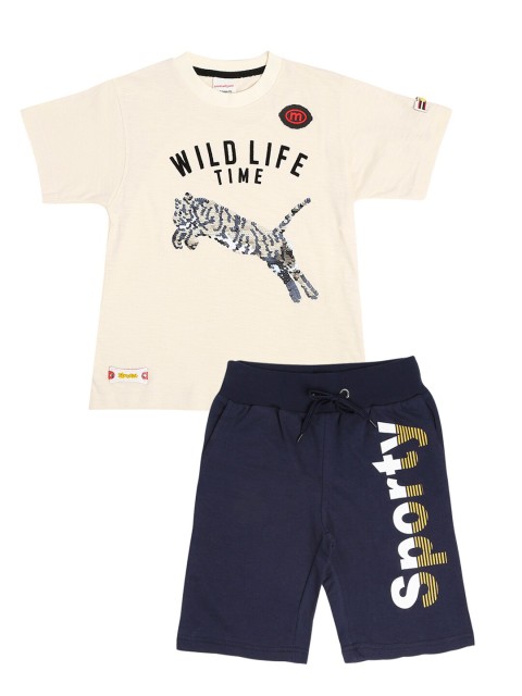 

RAINE AND JAINE Boys Off White & Navy Blue Printed Cotton T-shirt with Shorts