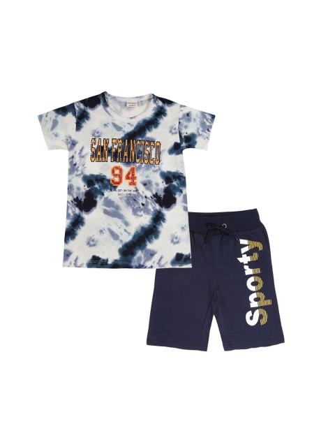 

RAINE AND JAINE Boys White & Navy Blue Dyed Pure Cotton T-shirt with Shorts