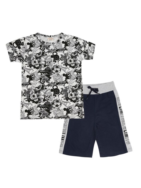 

RAINE AND JAINE Boys White & Navy Blue Printed Pure Cotton T-shirt with Shorts