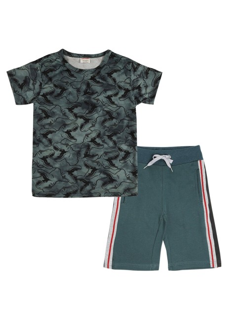 

RAINE AND JAINE Boys Green & Black Printed T-shirt with Shorts