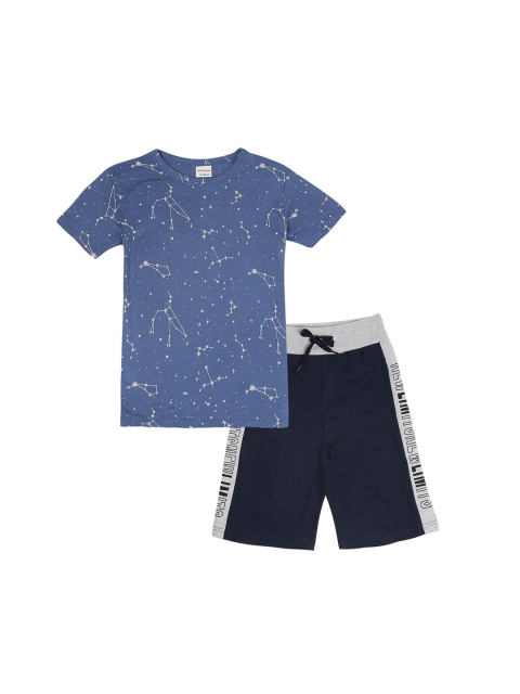 

RAINE AND JAINE Boys Blue & Navy Blue Printed Pure Cotton T-shirt with Shorts