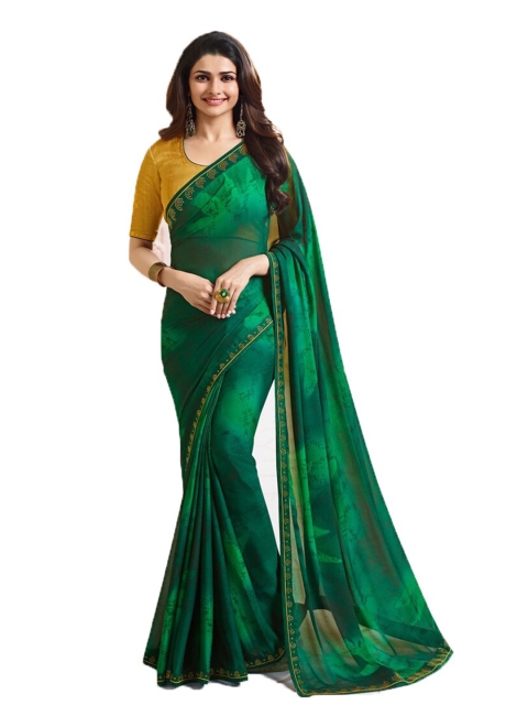 

VILAM Green & Gold-Toned Sequinned Pure Silk Block Print Saree