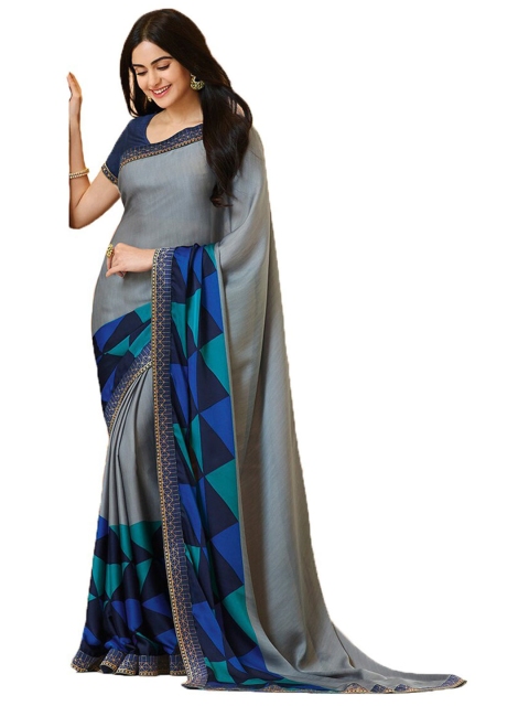 

VILAM Grey & Blue Printed Pure Georgette Saree