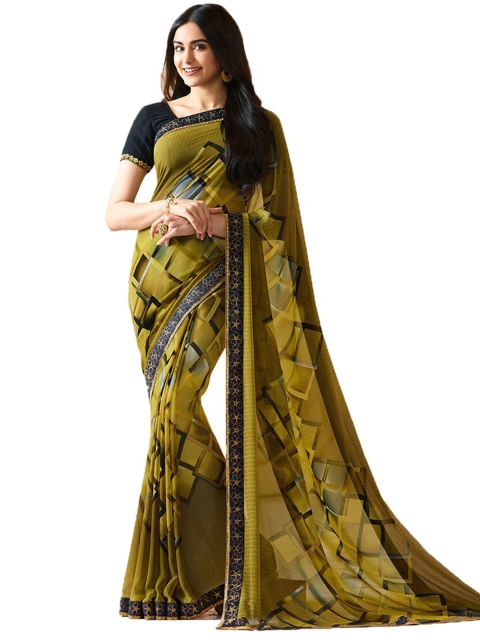 

VILAM Olive Green & Blue Pure Georgette Saree