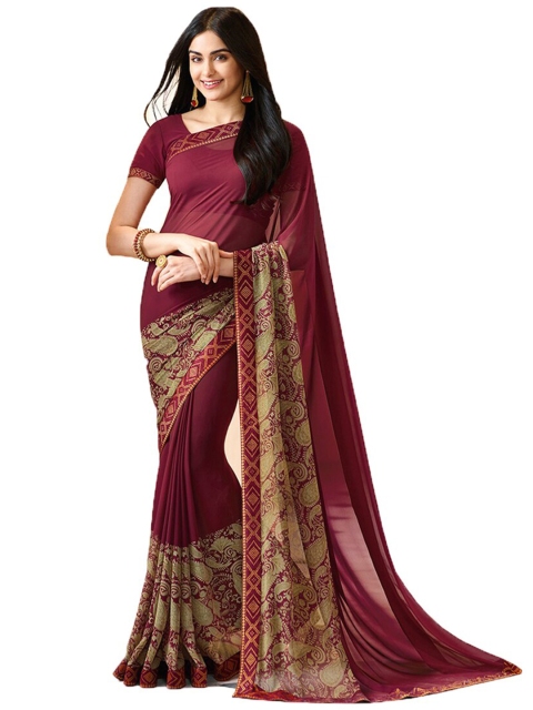 

VILAM Maroon & Beige Ethnic Motifs Pure Georgette Block Print Saree