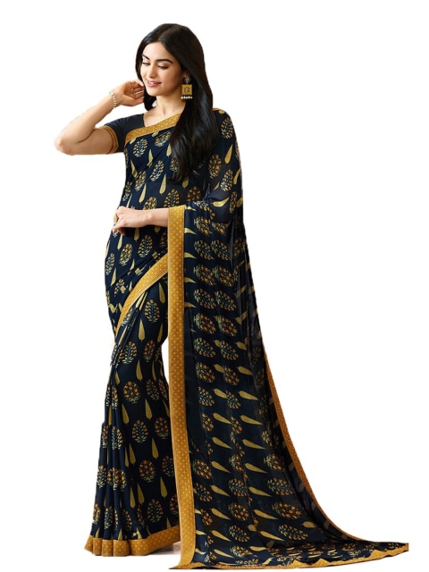 

VILAM Blue & Orange Floral Pure Georgette Block Print Saree