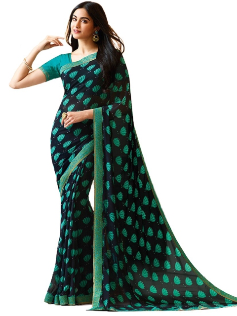 

VILAM Blue & Green Floral Block Printed Saree