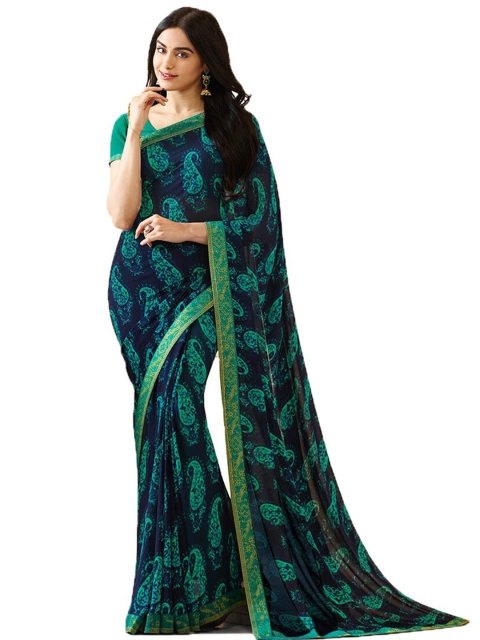 

VILAM Navy Blue & Green Ethnic Motifs Pure Georgette Block Print Saree