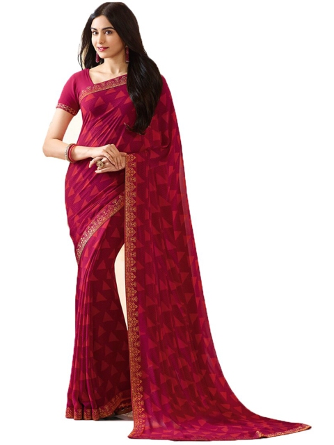 

VILAM Pink & Gold-Toned Pure Georgette Block Print Saree