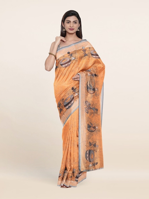 

Pothys Peach-Coloured & Grey Warli Cotton Blend Zari Saree