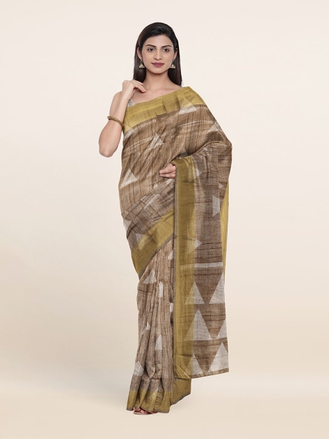 

Pothys Tan & White Printed Cotton Blend Saree