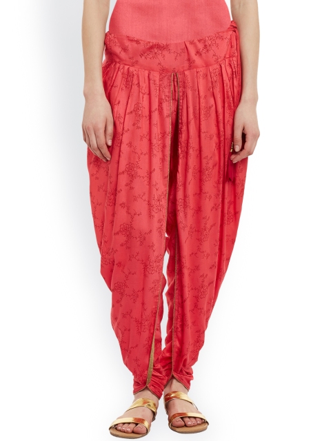 

9rasa Coral Red Block Print Dhoti Pants