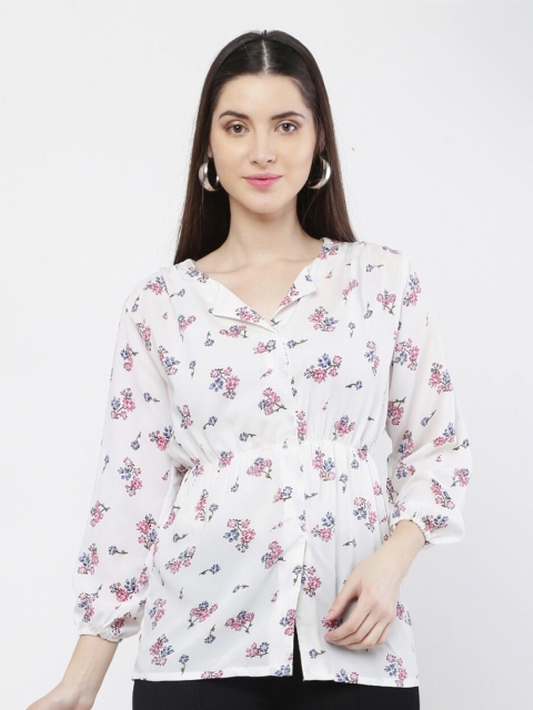 

VAIRAGEE White Floral Print Georgette Shirt Style Top