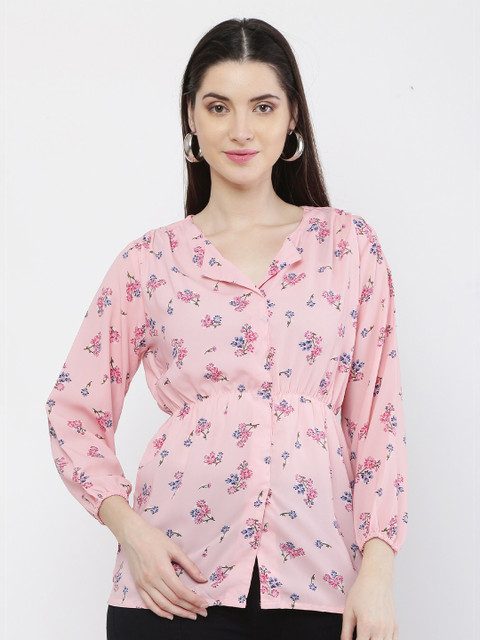

VAIRAGEE Pink Floral Print Georgette Shirt Style Top