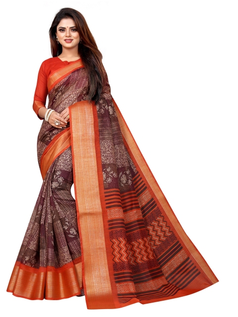 

Jashvi Creation Orange & Brown Floral Linen Blend Banarasi Saree