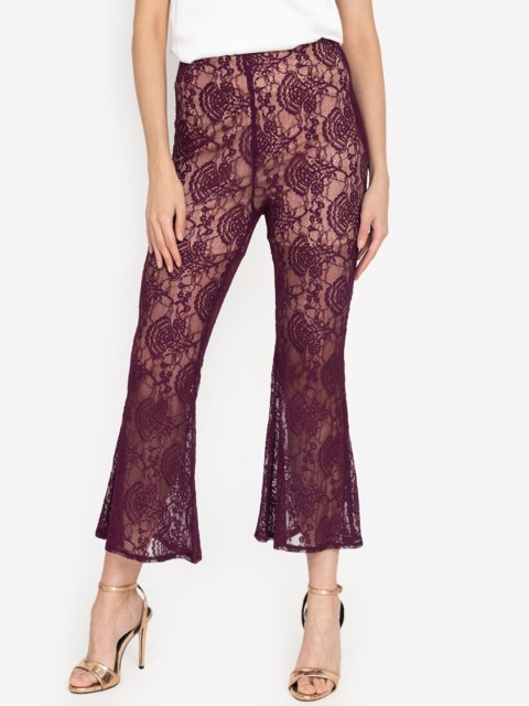 

ZALORA OCCASION Women Burgundy Floral Self Design Lace Trousers