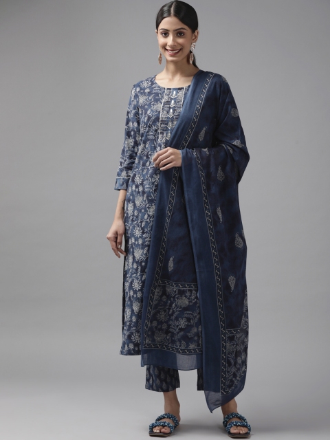 

Yufta Women Navy Blue Floral Printed Pure Cotton Kurta with Trousers & With Dupatta