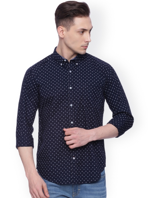 

Basics Men Navy Slim Fit Printed Casual Shirt, Navy blue