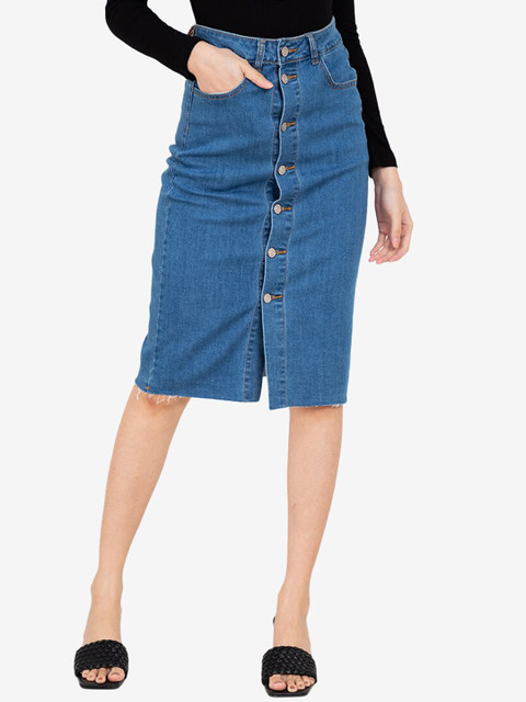 

ZALORA BASICS Women Blue Solid Button Front Knee Length Straight Denim Skirt
