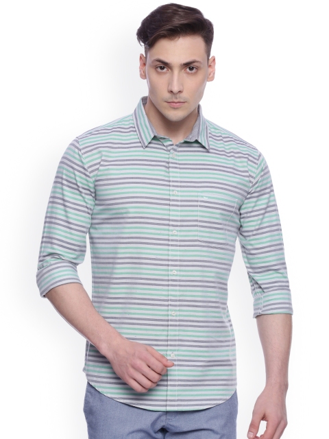 

Basics Men Green & Lavender Slim Fit Striped Casual Shirt