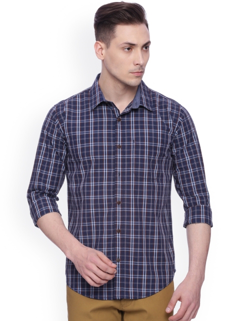 

Basics Men Navy Slim Fit Checked Casual Shirt, Navy blue