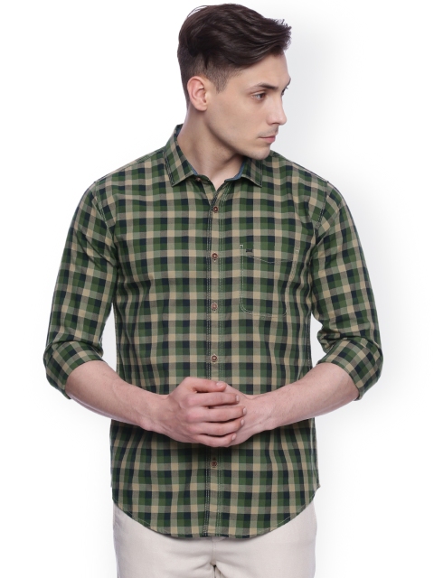 

Basics Men Green & Beige Slim Fit Checked Casual Shirt