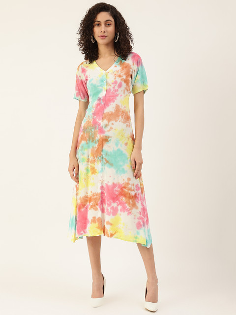 

Maaesa Women White & Yellow Dyed A-Line Midi Dress