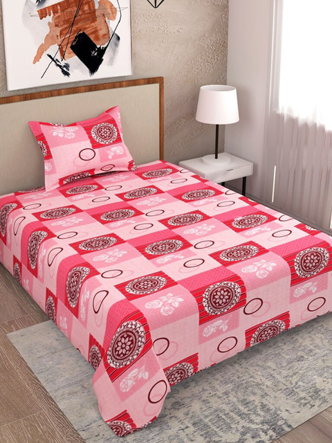 

Salona Bichona Pink Geometric 104 TC Single Bedsheet with 1 Pillow Covers