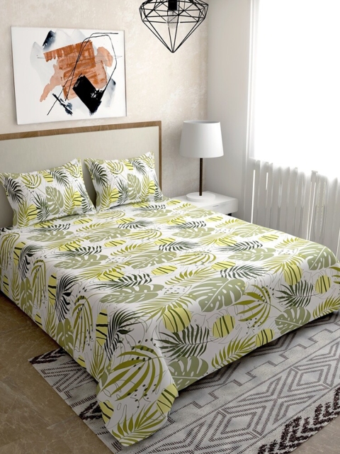 

Salona Bichona Green & White Floral 180 TC Cotton Queen Bedsheet with 2 Pillow Covers