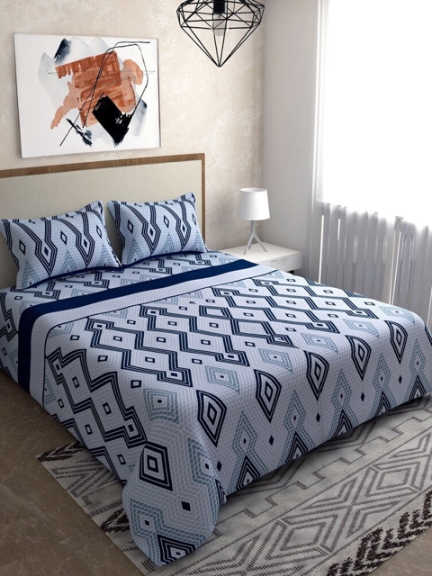 

Salona Bichona Blue & Navy Blue Geometric 120 TC King Bedsheet with 2 Pillow Covers