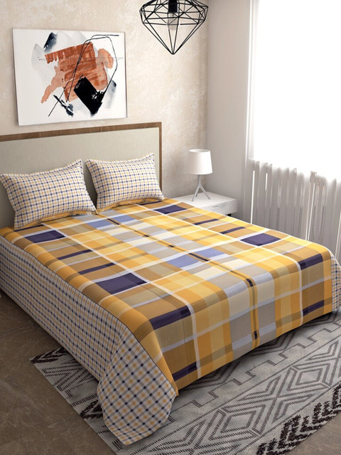 

Salona Bichona Yellow & Blue Geometric 104 TC Cotton Queen Bedsheet with 2 Pillow Covers