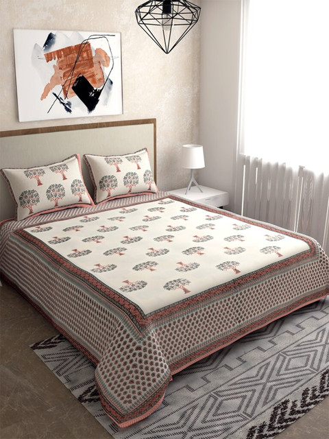 

Salona Bichona Pink & Off White Floral 120 TC Queen Bedsheet with 2 Pillow Covers