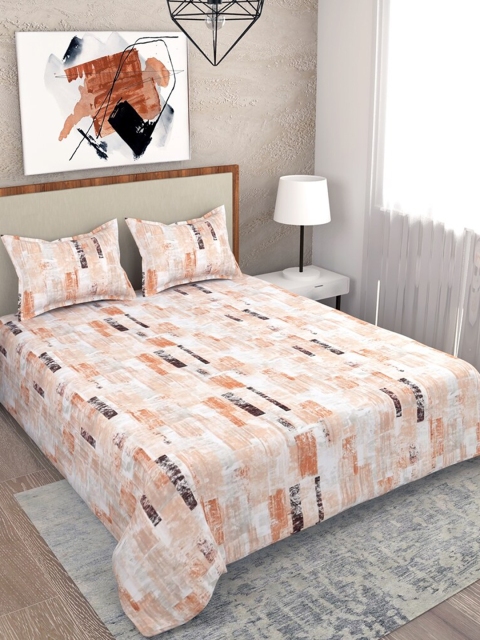 

Salona Bichona White & Tan 180 TC Queen Cotton Bedsheet with 2 Pillow Covers