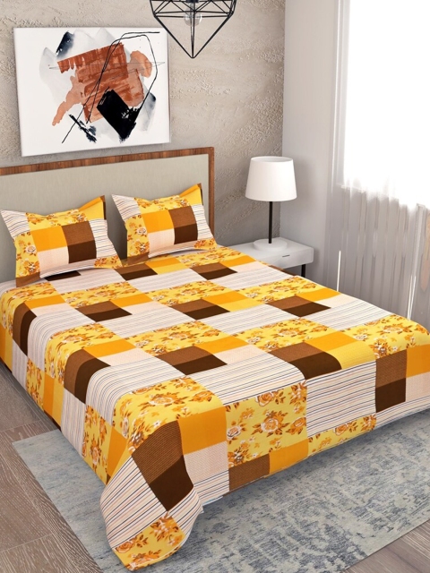 

Salona Bichona Yellow & Brown Floral 104 TC Queen Bedsheet with 2 Pillow Covers