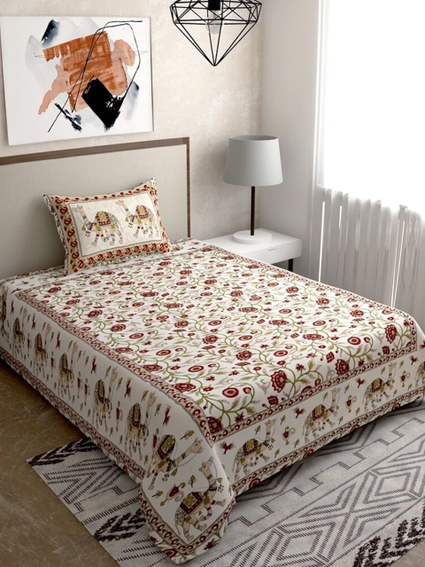 

Salona Bichona Beige & Red Ethnic Motifs 120 TC Single Bedsheet with 1 Pillow Covers