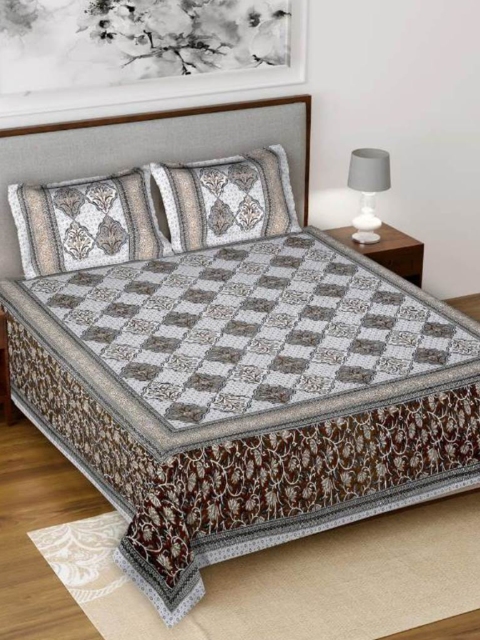 

Salona Bichona Brown & Grey Ethnic Motifs 120 TC King Cotton Bedsheet with 2 Pillow Covers
