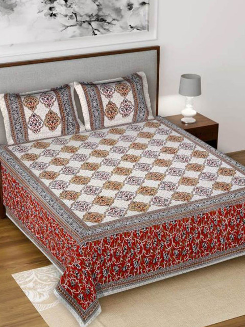 

Salona Bichona Red & White Ethnic Motifs 120 TC Cotton King Bedsheet with 2 Pillow Covers