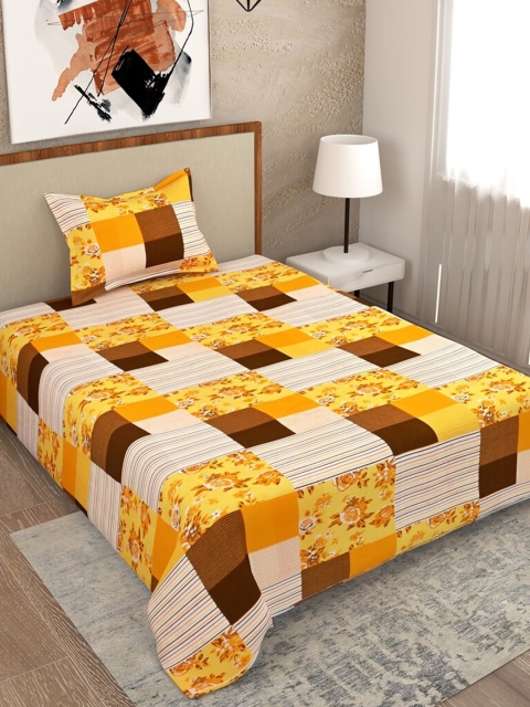 

Salona Bichona Yellow & Brown Floral 104 TC Single Bedsheet with 1 Pillow Covers